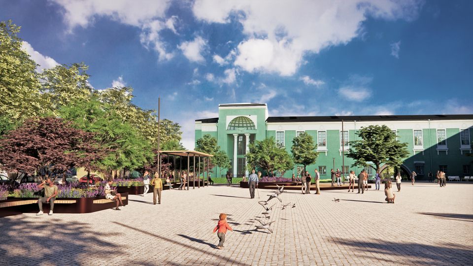 Visionsbild av den nya grönskan och utemiljön på Vaksala torg, som invigs under Vaksalafesten på nationaldagen den 6 juni. Illustration: Nyréns Arkitektkontor