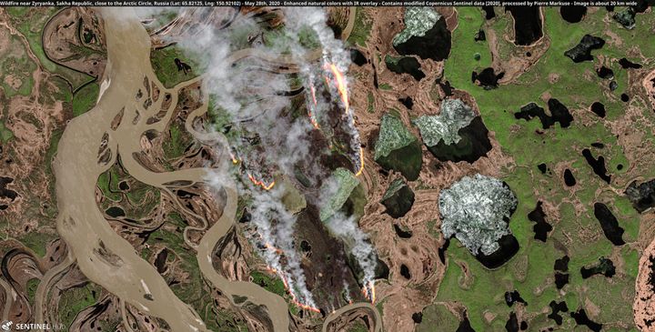 Bränder nära Zyryanka, Sakha Republic, nära polcirkeln, Ryssland. Foto: Copernicus Sentinel data [2020], genomarbetad av Pierre Markuse