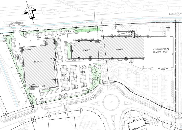 Klart med bygglov för tre nya byggnader på Klockarbäckens handelsområde. Situationsplan: Tyréns.
