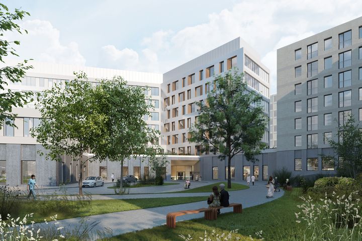 Barkarby sjukhus får ett centralt läge mitt i Barkarby. Modern vård och omsorg blir tillgänglig för patienter, anhöriga och arbetstagare i hela nordvästra Stockholm. (Visionsbild: BSK Arkitekter)