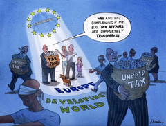 Människor i utvecklingsländer är de stora förlorarna när multinationella företag på laglig väg undviker att betala skatt i länder där de har verksamhet. Illustration: Eurodad