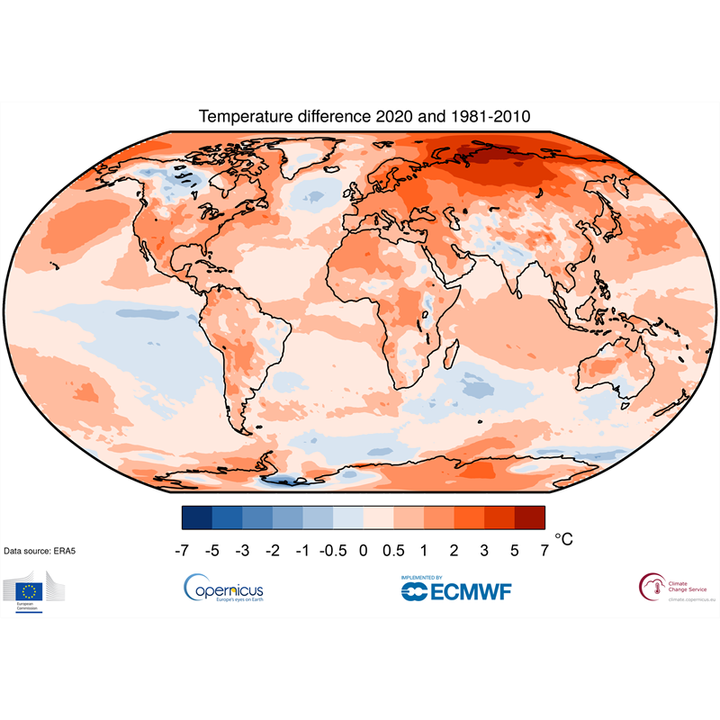 Lufttemperaturen på två meters höjd under 2020 jämförd med genomsnittet under 1981–2010. Källa: ERA5. Copernicus Climate Change Service/ECMWF