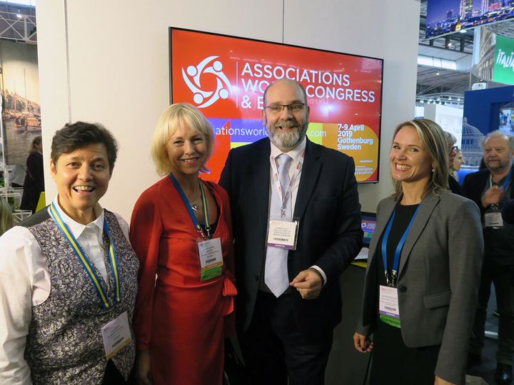 Gothenburg will host Associations World Congress & Expo 2019. The programme was launched at IBTM in BArcelona. From right: Eva Flyborg, City council of Gothenburg, Annika Hallman, Gothenburg Convention Bureau, Damian Hutt, Association of Association Executives, Malin Erlandsson, Swedish Exhibition & Congress Centre.