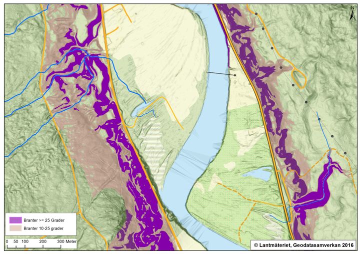 Exempel på karta som visar erosionskänsliga områden. Dessa är lilamarkerade på kartan.