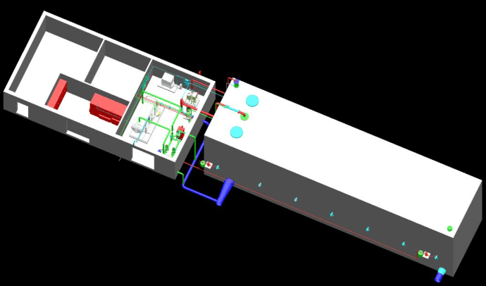 Bild: 3D-skiss över läkemedelsreningsanläggningen som tagits fram av Tekniska verken, Suez och Malmberg.