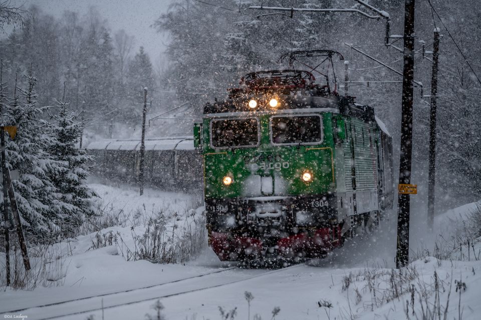 Green Cargos godståg färdas genom ett vinterlandskap
