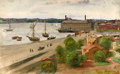 Från Eldkvarn till Stadshuset. Eldkvarn på Stadshusets nuvarande plats. Akvarell av Tryggve Hermelin, 1899, drygt 20 år efter branden.