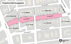 Karta över området som projektet omfattar – Kungsgatan mellan Sveavägen och Norrlandsgatan. Karta: Stockholms stad