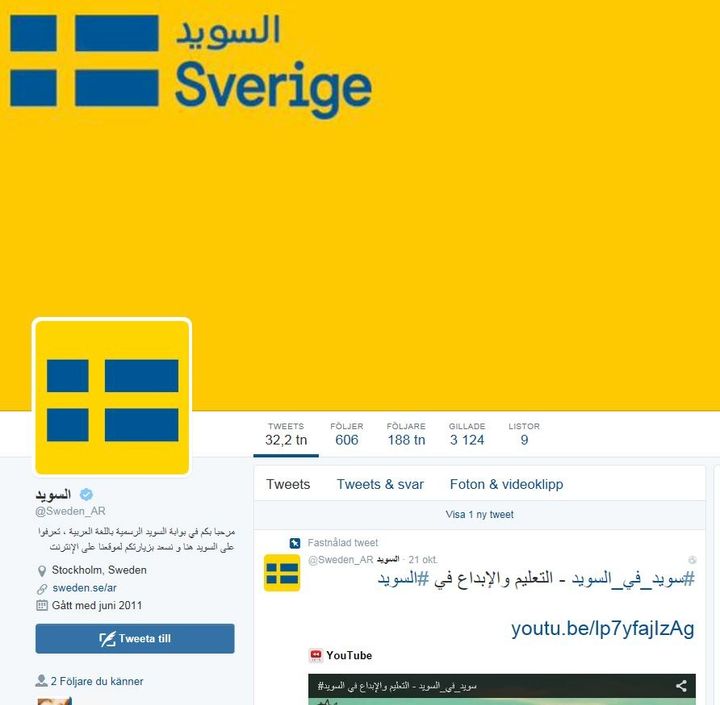 Sveriges officiella Twitterkonto på arabiska. Bild: twitter.com/Sweden_AR
