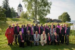 Svenska kyrkans biskopar tillsammans med biskoparna från Tanzania vid det gemensamma mötet i Rättvik 2015. Foto: Magnus Aronson/IKON