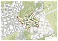 Illustrationsplan för den fjärde etappen av Barkarbystaden med kvarter, gator, torg och parker.