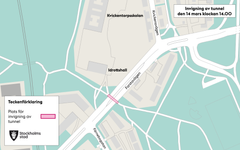 Karta som visar plats för tunneln och invigningen nära Kvickentorpsskolan i Farsta.
