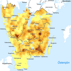 Kartan visar hur skadorna varierar inom Götaland och baseras på de tre senaste inventeringarna. Ju mörkare färg desto högre andel skador. Kartan är fri att publicera. Karta: Skogsstyrelsen