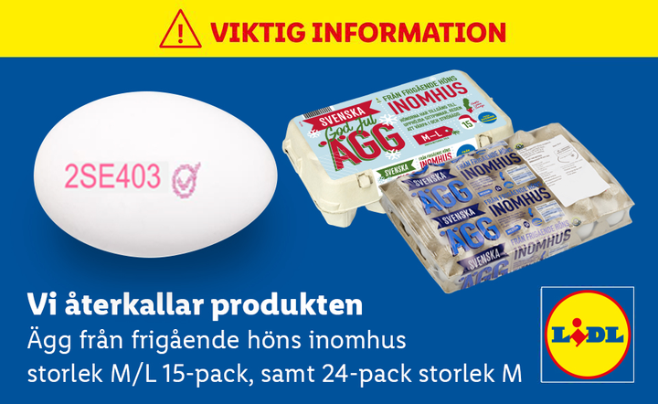 Lidl Sverige återkallar ägg frigående inomhus, 15-pack samt 24-pack med bäst-före-datum 11-01-2023 samt 13-01-2023.
