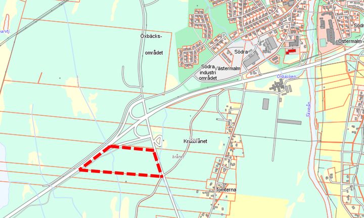 Planområdet markerat i rött. Här planeras för en ny drivmedelsstation.