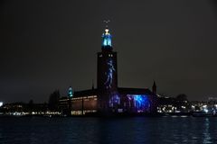 Space, Stockholm City Hall, 2020. The installation was one of the largest video mapping projects the city has ever seen in collaboration with, among others, the Swedish Space Agency and the European Space Agency. Photo: Per Kristiansen.