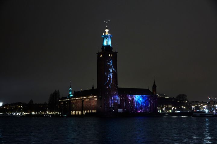 Space, Stockholm City Hall, 2020. The installation was one of the largest video mapping projects the city has ever seen in collaboration with, among others, the Swedish Space Agency and the European Space Agency. Photo: Per Kristiansen.