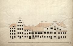 Ritning av Gamla rådhuset vid Stortorget, 1720-tal, bild från Stadsarkivet.