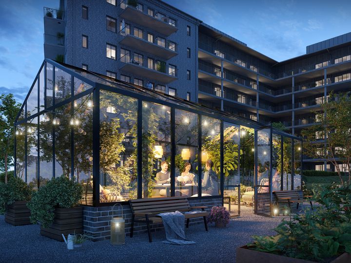 Brf Prefekten i Mölndal erbjuder lägenheter i varierande storlekar, stora balkonger, en trivsam grön innergård med gemensamt växthus och gemensamt gym. Illustration: 3dVision.