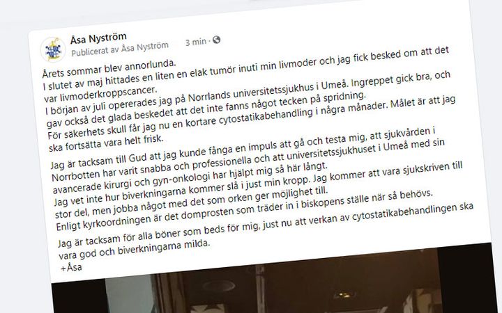 Biskop Åsa Nyström delade nyheten i ett Facebookinlägg på tisdagsförmiddagen.