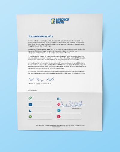 ”Socialministerns löfte” är en uppmaning till samtliga riksdagspartier att ställa sig bakom satsningen på svensk barncancervård.