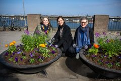 Anna Johansson, projektledare för blomsterprogrammet, trafikdirektör Gunilla Glantz och stadsträdgårdsmästare Elisabet Elfström vid invigningen av blomsterprogrammet. Foto: Sven Lindwall