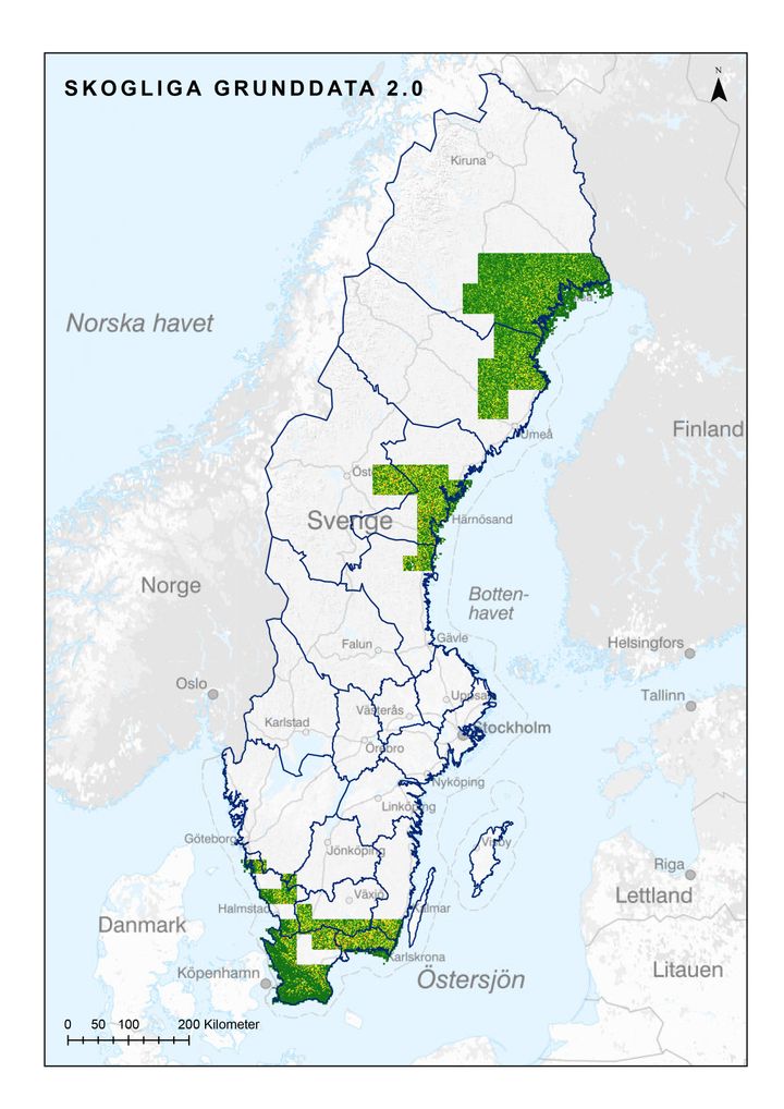 I de här områdena finns nya data om skogen från laserskanningen. Karta: Skogsstyrelsen