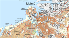 Den manuellt generaliserade Terrängkartan över en del av Malmö, som den visades i tjänsten Topografisk Webbkarta Visning.
