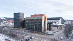 Skellefteå Kraft kontorshus, påbyggnad av två våningar med stomme i KL-trä och limträ. Foto: Martinsons / Simon Wiklund
