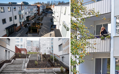 Finalisterna till titeln Årets bästa renovering 2022: Helsingborgshem (Grönkulla, överst till vänster), Familjebostäder i Göteborg (Gärdsås, nederst till vänster) och Alingsåshem (kvarteret Bananen, där hyresgästen Lise Tönnessen står på sin balkong).