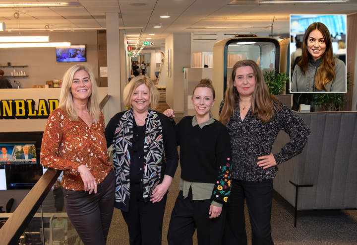 Erika Scott blir chef över Aftonbladets nya Feature-organisation. Lena Widman ansvarar för Godare och Min Ekonomi, Anna Sundesten för nya sajten Aftonbladet Livsstil och Helena Utter för Plus Feature. Shirine Bauer (infälld) blir affärsansvarig i den nya featureledningen. Foto: Jerker Ivarsson och  Björn Lindahl