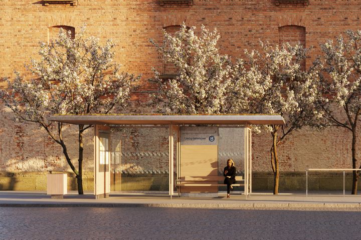 Förslaget Vänta under trädet är vinnare i arkitekttävlingen för att hitta framtidens hållplatskoncept. Bild: Gottlieb Paludan Architects
