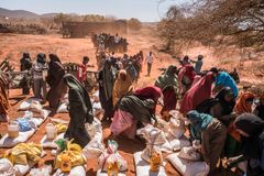 Bild från den svåra torkan 2017, då drabbade människor anlände till staden Dinsoor i västra Somalia och fick mat utdelat av FN. Foto: Giles Clarke/OCHA