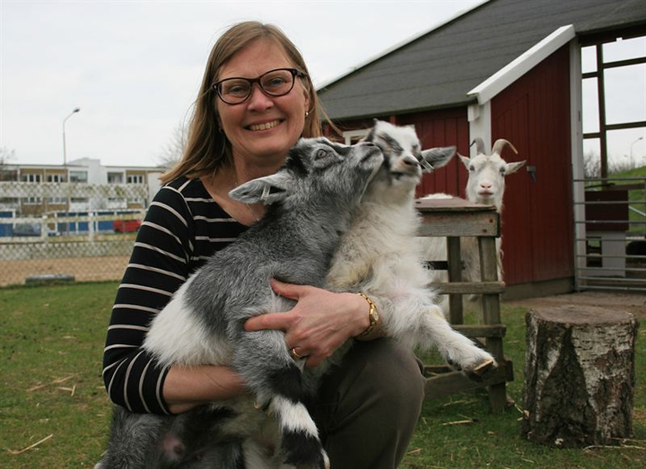 Forskningskoordinator Karin Artursson, SVA, vid besök på 4H-gården Almvik i Skåne. Foto: Karolina Erixon, 4H Almvik
