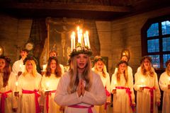 Lucia and her handmaidens at Seglora Church. Photo: Marie Andersson