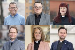 Biskopskandidaterna Andreas Holmberg, Bengt Kristensson Uggla, Gunilla Hallonsten, Jonas Eek, Marika Markovits och Sven Milltoft.