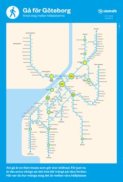 Västtrafik har tagit fram en ny linjenätskarta där antalet steg mellan hållplatser står utskrivet för att på ett enkelt sätt inspirera folk att gå. Bild: Västtrafik.