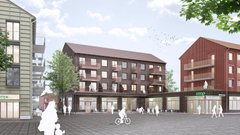 I förslaget till detaljplan för Södra Gunsta ingår ett torg med centrumverksamheter i bottenvåningarna och bostäder ovanpå. Illustration: Dinelljohansson/Genova