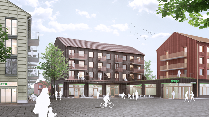 I förslaget till detaljplan för Södra Gunsta ingår ett torg med centrumverksamheter i bottenvåningarna och bostäder ovanpå. Illustration: Dinelljohansson/Genova