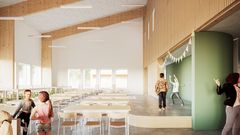 Nya Kvarngärdeskolan - interiörbild från matsal i hus 1b (illustration av Archus arkitekter).