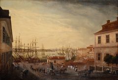 Utsikt från Brunnsbacken över Saltsjön. Oljemålning av Johan Sevenbom 1773.
På höger sida ser vi Södra stadshusets norra länga, det som idag är Stadsmuseet.