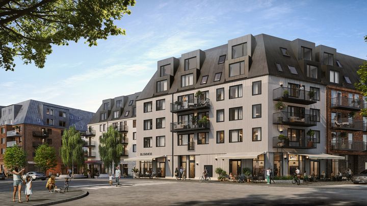 Det tredje och sista kvarteret i Knivstas nya centrum Segerdal består av 151 bostäder som väntas stå färdiga i slutet av 2025. Bild: Walk the Room.