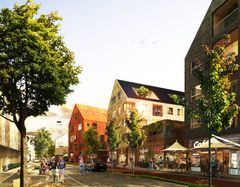 Visionsbild över stadsgata med butiker, kaféer och bostäder i Barkarby centrum som det skulle kunna se ut i framtiden. Bild framtagen av BTH Bostad och Urban Minds.