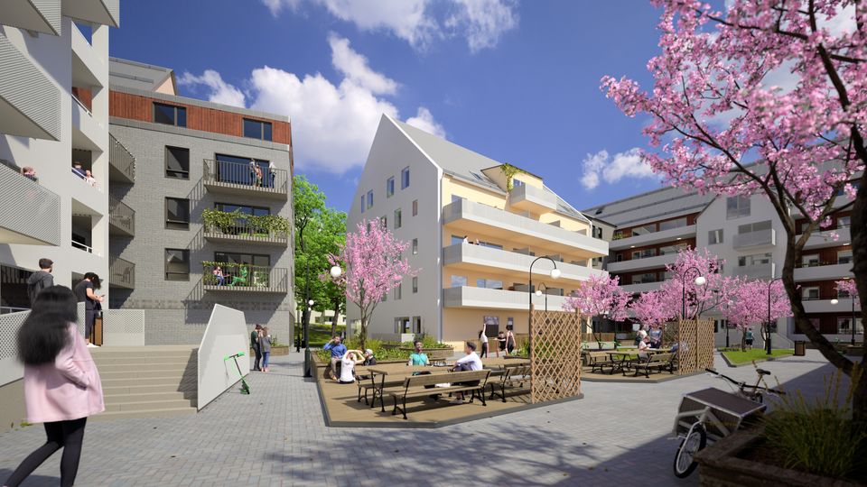 Skissbild över Stångåstadens bostäder i kvarteret Dynamiken i Ebbepark, Linköping