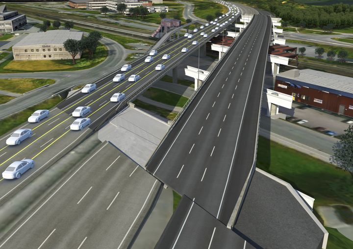 Bron som nu skjuts på plats vid Rotebro är 325 meter lång och väger 6360 ton. Illustration: MBP / Mats Björklund Produktion