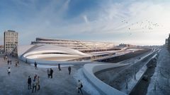 Visionsbild av det framtida stationsområdet i Upplands Väsby. Illustration: Zaha Hadid Architects