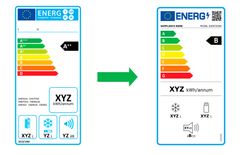 Till vänster: Energimärkningen som den ser ut för kylar och frysar idag. Till höger: Den nya energimärkningen för kylar och frysar från mars 2021. Dock kan den nya energimärkningen följa med redan nu vid köp av produkt.