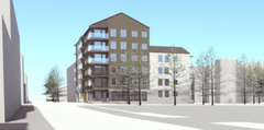 Ett nytt flerbostadshus med 35 lägenheter planeras vid korsningen Magasingatan och Västra Norrlandsgatan. Illustration Arkinova.