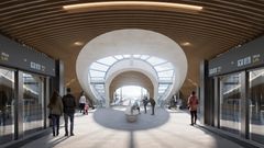 Visionsbild inifrån den framtida stationsbygganden. Illustration: Zaha Hadid Architects