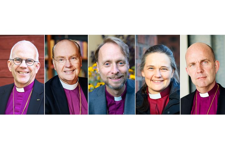 Fem biskopar intervjuas under hearingen inför ärkebiskopsvalet. Montage: Gustaf Hellsing.